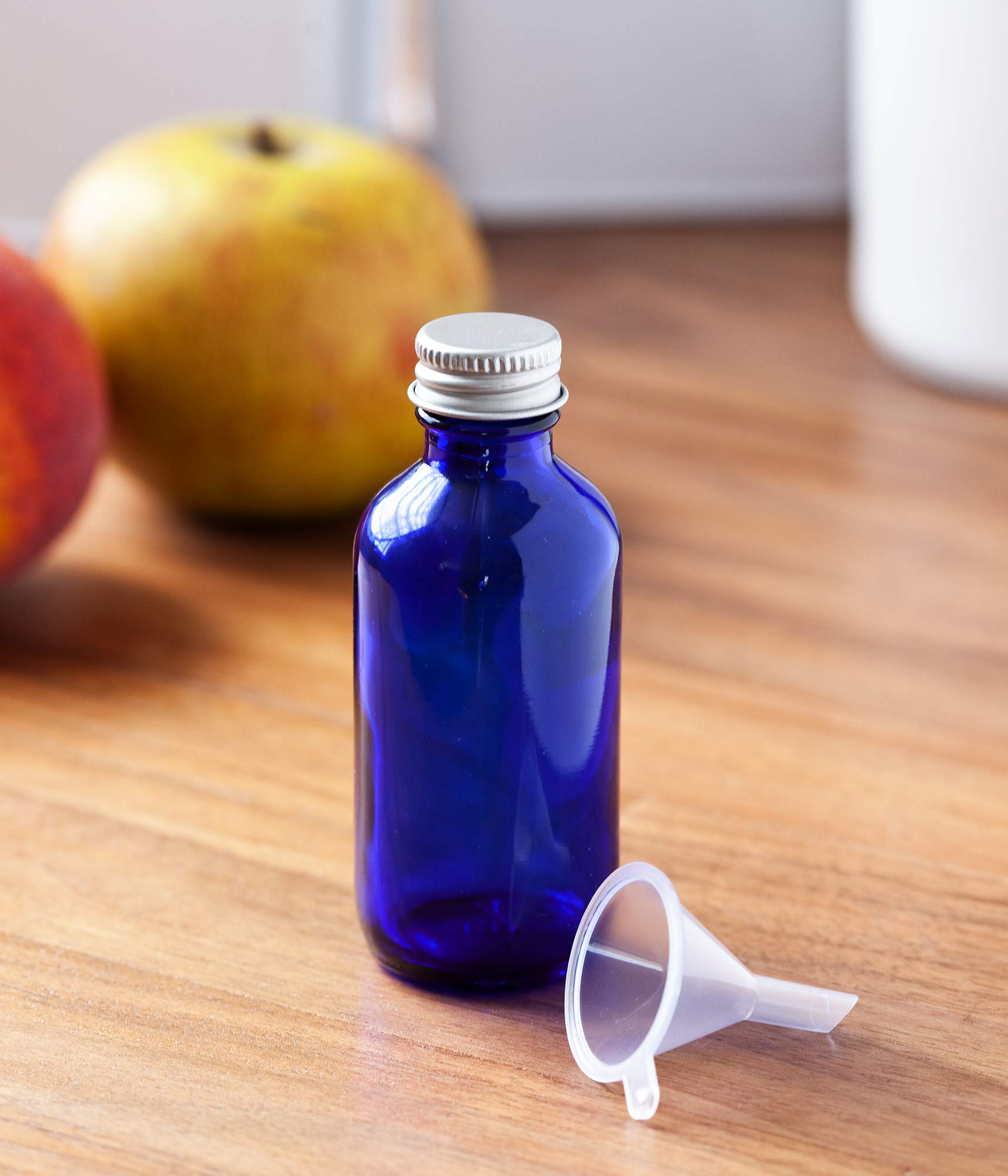 2 Oz Cobalt Blue Glass Boston Round Bottles With Silver Metal Screw On Caps (12 Pack) + Funnel